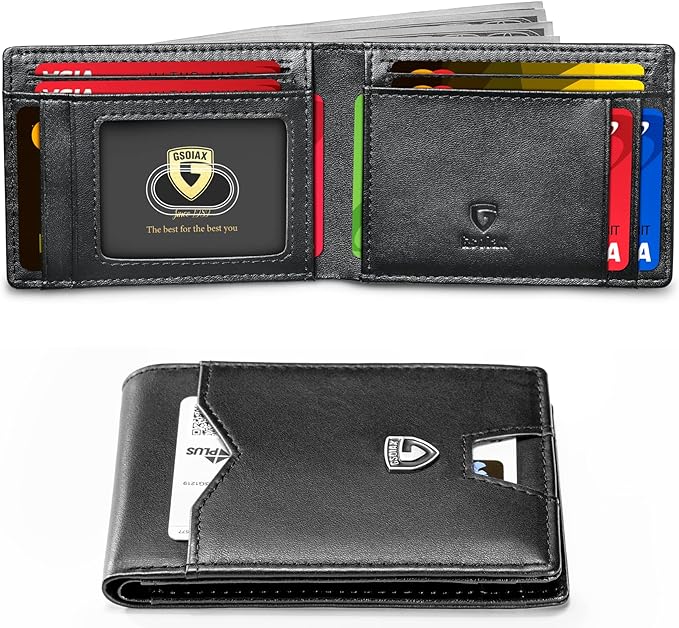 GSOIAX Slim Wallet for Men Rfid Blocking Leather Bifold Front Pocket Carbon Fiber Credit Card Holder Novelty Wallets With Gift Box (Black)