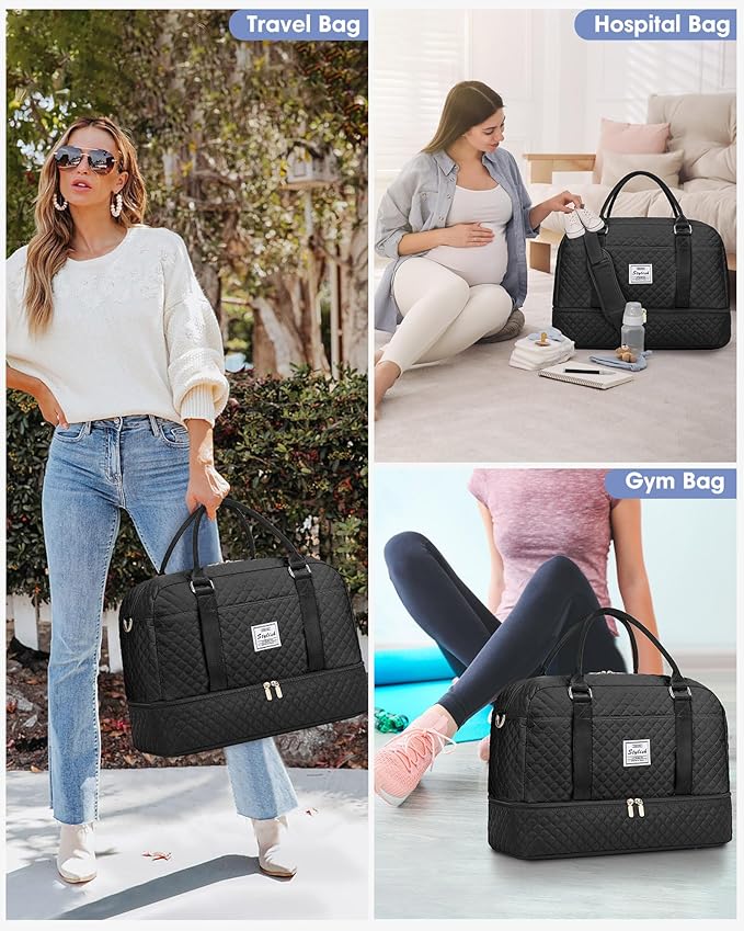 Weekender Travel Duffle Bag for Women: Overnight Bags with Shoe Compartment Carry on duffel Bag for Airplanes with 2 PCS Toiletry Bags Weekend Yoga Gym Hospital Bag with Wet Pocket Black
