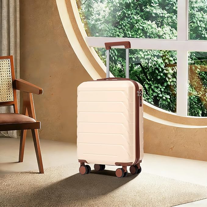 20 Inch Carry On Luggage, Lightweight ABS Hard Shell Suitcase with Spinner Wheels, Durable Travel Luggage with Combination Lock & Side Hooks for Men Women, Beige