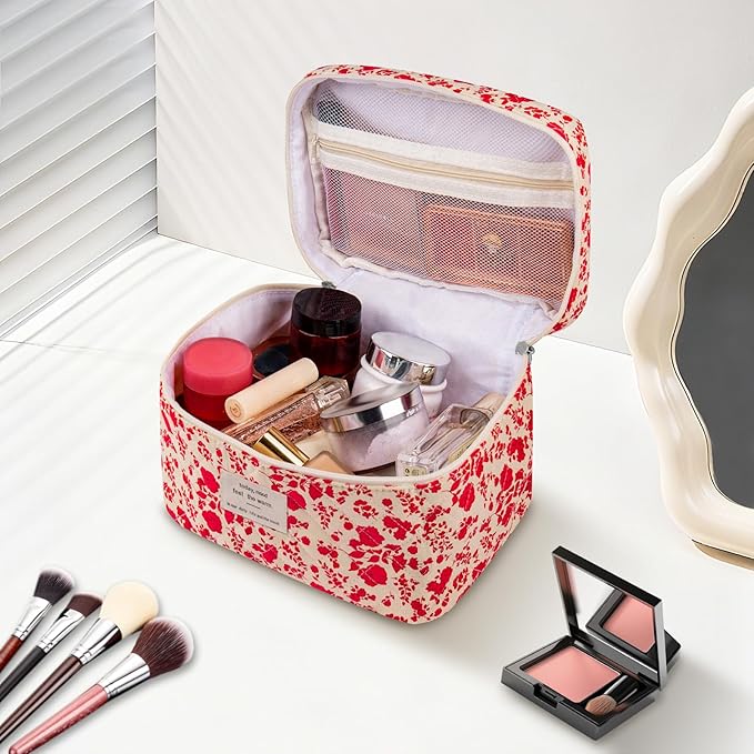 Large Makeup Bag, Cute Cosmetic Bag for Women Girls, Floral Coquette Aesthetic Toiletry Bag, Travel Make Up Organizer Bag (Pink Rose)