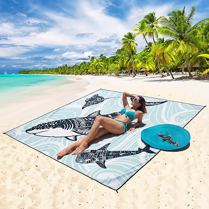 Beach Blanket Waterproof Sandproof Beach Mat 79”x 83” for 1-8 Adults Quick Drying Durable Outdoor Picnic Mat for Beach Festival Travel Camping Hiking (Shark, 79"×83"(4 Person))