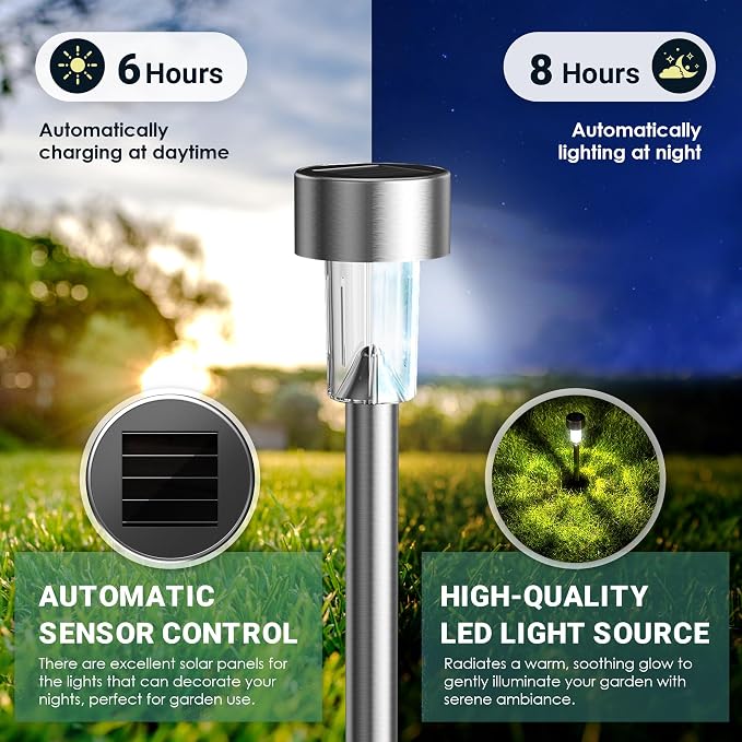GIGALUMI Outdoor Waterproof Solar Garden Lights, 20 Pack Cold White | Stainless Steel LED, Cold White Brightness, Ideal for Patio Lawn Yard Landscape, Garden & Patio Decor