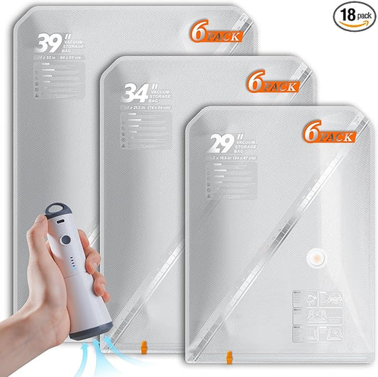 18 Pack Vacuum Storage Bags Set with Rechargeable Wireless Pump Large/Medium/Small Vacuum Seal Bags for Clothing Travel and Home, Compression Packing for Comforters, Blankets and Bedding