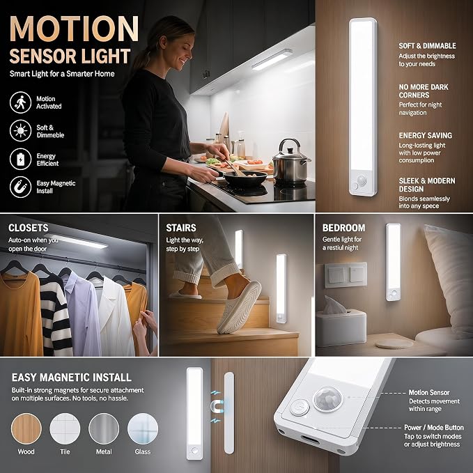Under Cabinet Motion Sensor Lighting: Dimmable Rechargeable Lights Indoor - Battery Operated Lights - Undercabinet Wireless Closet Light Magnetic Led Light for Kitchen Home Bathroom Counter 3 Pack