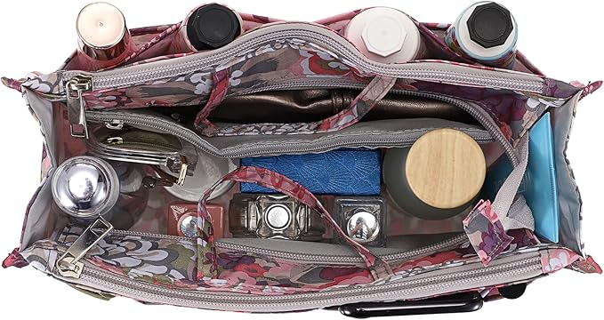 BTSKY Printing Handbag Organizers Inside Purse Insert - High Capacity 13 Pockets Bag Tote Organizer with Handle (Peony)
