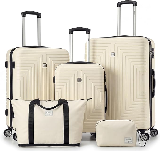 Hoteel Luggage Sets 5 Piece ABS+PC Hardside, 4-Year Warranty, Luggage Set with Dual-Spinner Wheels, TSA Lock, Lightweight Carry on Luggage, 20"/24"/28" Suitcase with Duffel & Organizer, Beige