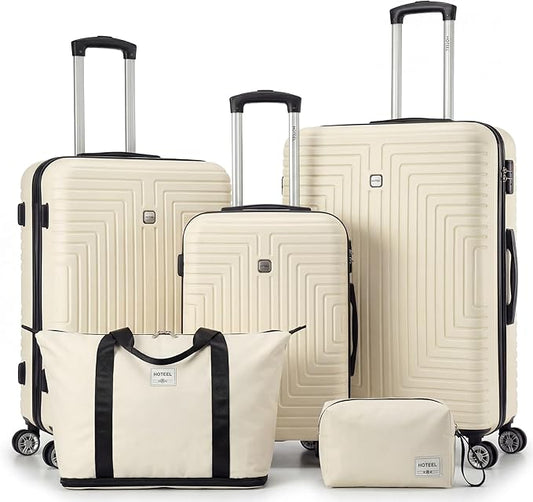 Hoteel Luggage Sets 5 Piece ABS+PC Hardside, 4-Year Warranty, Luggage Set with Dual-Spinner Wheels, TSA Lock, Lightweight Carry on Luggage, 20"/24"/28" Suitcase with Duffel & Organizer, Beige