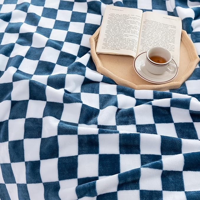 LOMAO Throw Blankets Flannel Blanket with Checkerboard Grid Pattern Soft Throw Blanket for Couch, Bed, Sofa Luxurious Warm and Cozy for All Seasons (Navy, 60"x80")