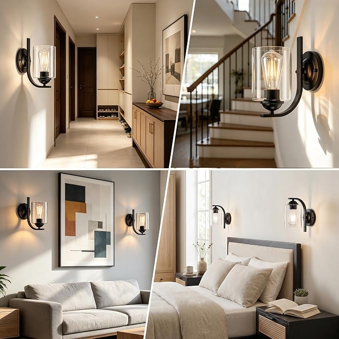 2-Pack Wall Sconces Lights Lamp for Bedroom Bathroom, Modern Vanity Light Fixtures, Black Farmhouse Wall Mount Lighting Lanterns with Clear Glass Shade for Living Room Mirror Hallway Kitchen
