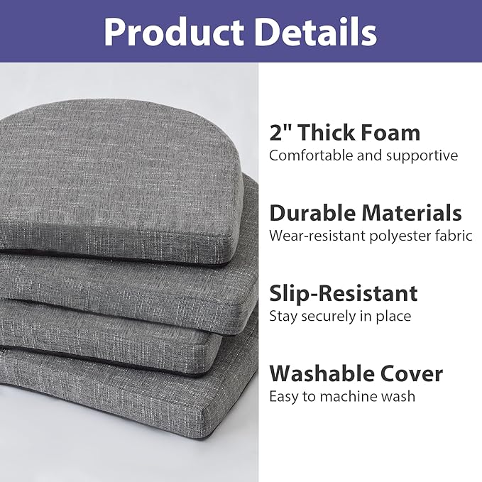 Chair Cushions for Dining Chairs with Ties and Removable Cover, Dining Kitchen Chair Pads with Non-Slip Bottom, High-Resilience Indoor Seat Cushions, 16'' x 16'' x 2'', Set of 4, Dark Grey