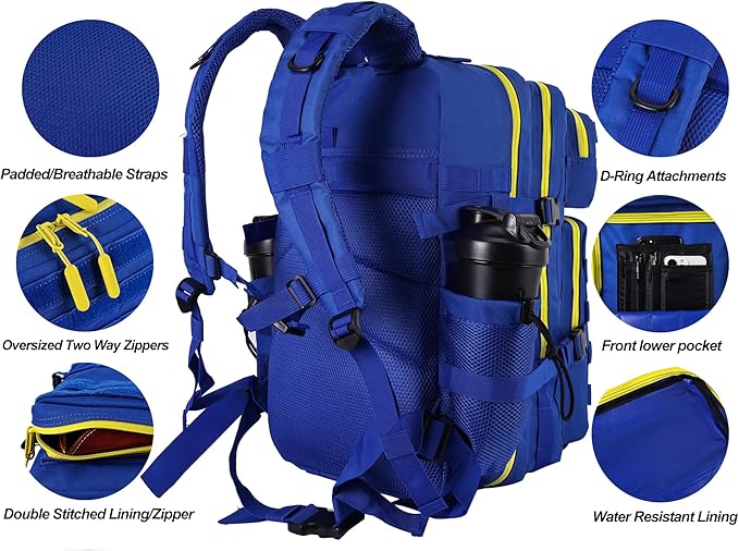 LHI Military Tactical Backpack for Men and Women 45L Army 3 Days Assault Pack Bag Large Rucksack with Molle System - Blue with yellow zipper