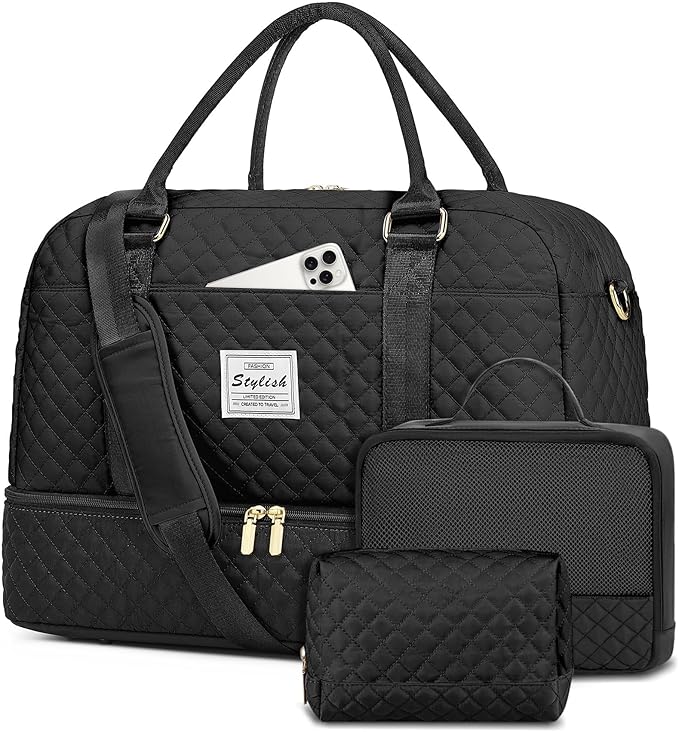 Women Weekender Travel Duffle Bag: Large Overnight Bags with Shoe Compartment Carry on Bags with Toiletry Bag Weekend Yoga Gym Bag with Wet Pocket Travel Duffel Tote Bag Hospital Bag Black