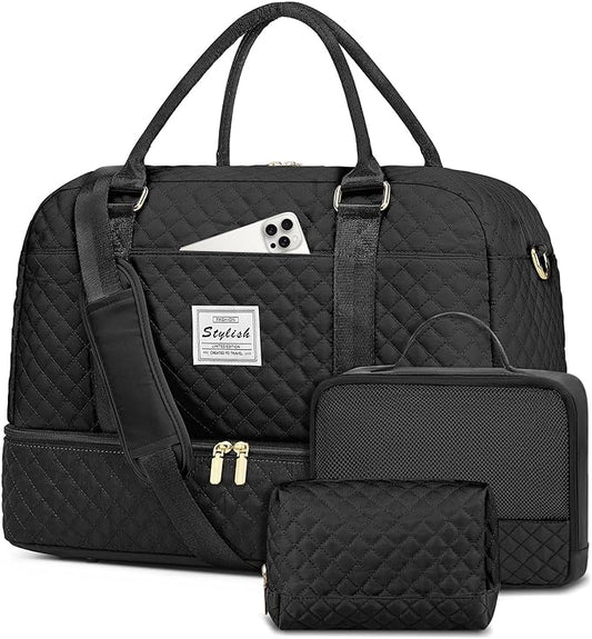 Women Weekender Travel Duffle Bag: Large Overnight Bags with Shoe Compartment Carry on Bags with Toiletry Bag Weekend Yoga Gym Bag with Wet Pocket Travel Duffel Tote Bag Hospital Bag Black