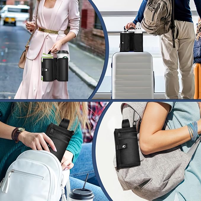 Yotako Suitcase Cup Holder, Portable Luggage Cup Holder for Suitcases, Foldable Travel Cup Holder with Handle and Hold Two Coffee Mugs&3 Zippered Pockets for Beverages Airport Travel Accessories