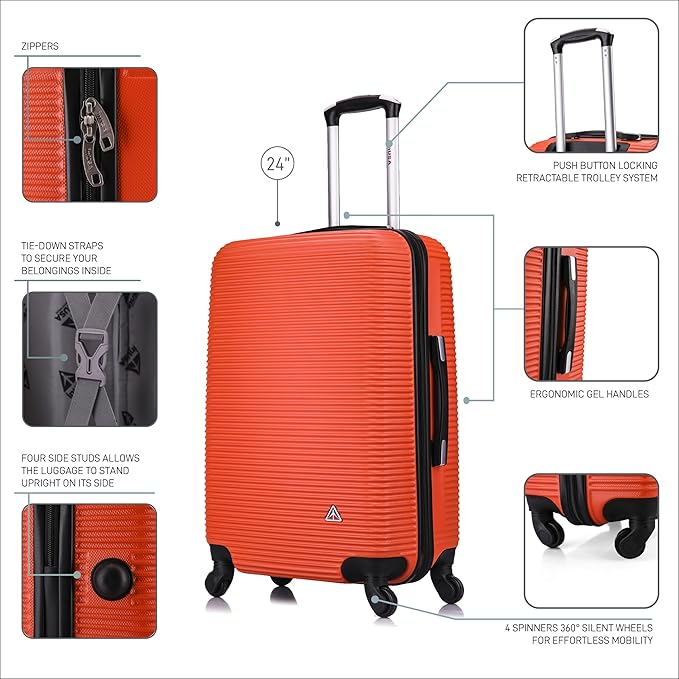 InUSA ROYAL Hardside Spinner Luggage with Ergonomic Handles | Spacious Travel Suitcase with Four Spinner Wheels and Studs | 24 Inch Medium Hardside Spinner Luggage | Orange