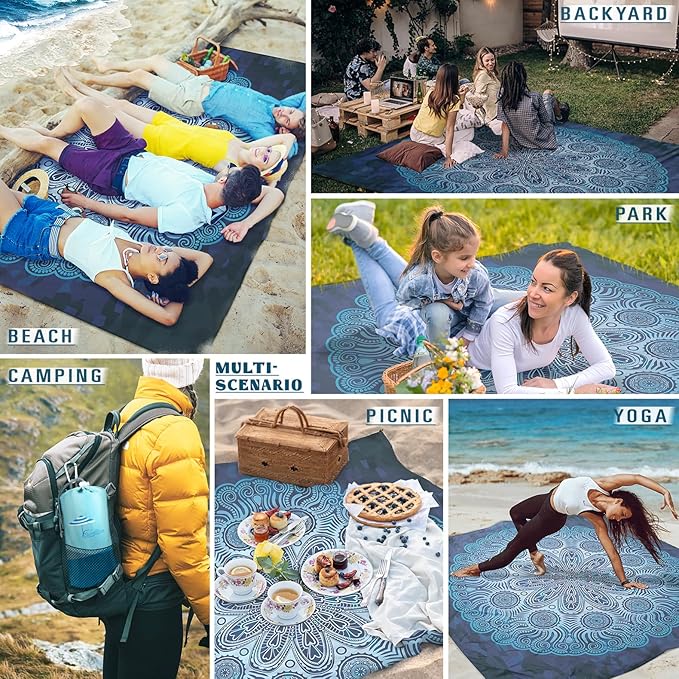 Famstar Beach Blanket Sandproof Waterproof 78''×81''1-5 Adults Oversized,Compact Lightweight Durable Beach Mat for Travel Camping Hiking Picnic Blanket