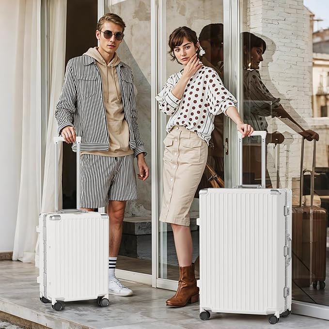 AnyZip Luggage Sets 2 Piece Aluminum Frame Carry On and Checked Suitcase PC ABS Hard Shell TSA Lock No Zipper(White, 20/28)