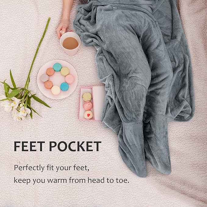 Tirrinia Travel Blanket Pillow - Wearable Airplane Blanket with Feet Pockets for Long Flights, Airplane Accessories Blanket Robe for Women and Men, Gift for Her