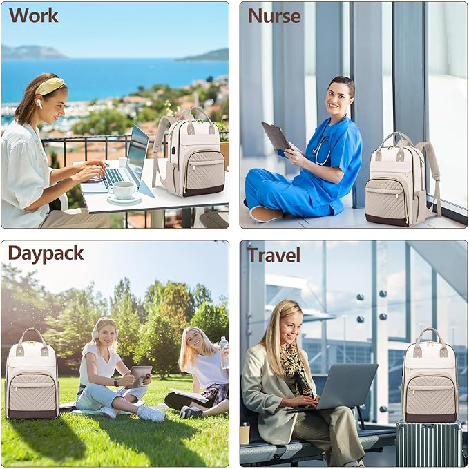 Laptop Backpack for Women Work Bag - 15.6 inch Travel Backpack Purse with USB Charger College Bookbag Waterproof Cute Casual Daypack Fashion Business Computer Backpacks for Teacher Nurse Beige Nude
