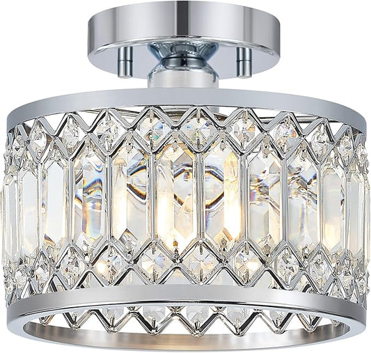 Pevfah Crystal Chrome Ceiling Light, 1-Light Semi Flush Light Fixture, 9 in | Flush Mount Hallway Chandelier, Small Light Fixture Ceiling Mount, Modern Ceiling Lamp for Entryway Closet, Bulb Not Included