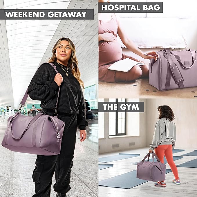 Fit & Fresh Neoprene Weekender Bag for Women – Carry-On Friendly Travel Duffel with Expandable Sides, Trolley Sleeve & Pockets – Lightweight, Water-Resistant Overnight Bag for Weekend Trips + Gym