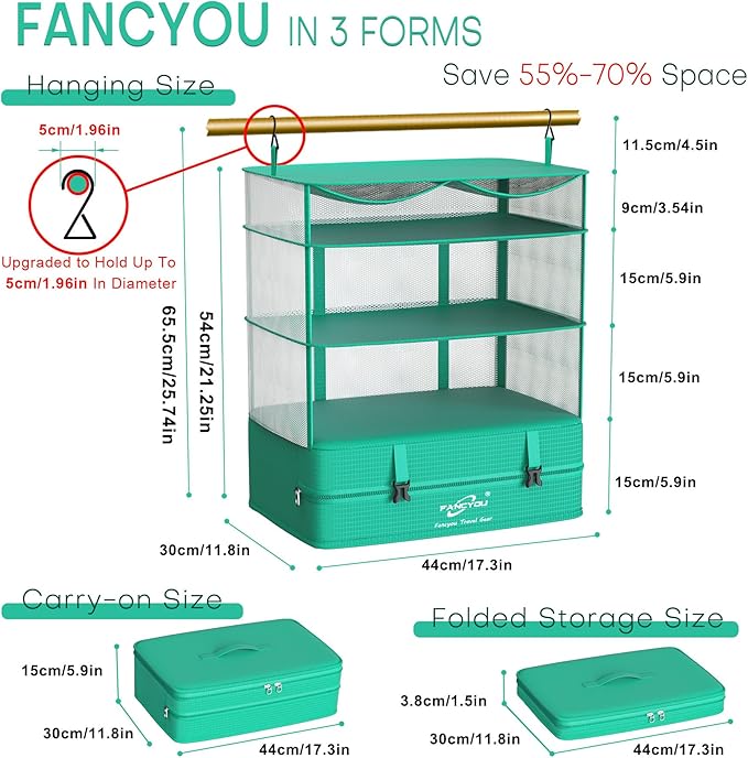 Compressible Packing Cubes Portable Hanging Closet Shelves 17"x12"x24" Extendable Travel Organizer Nylon Packing Bags for Suitcase
