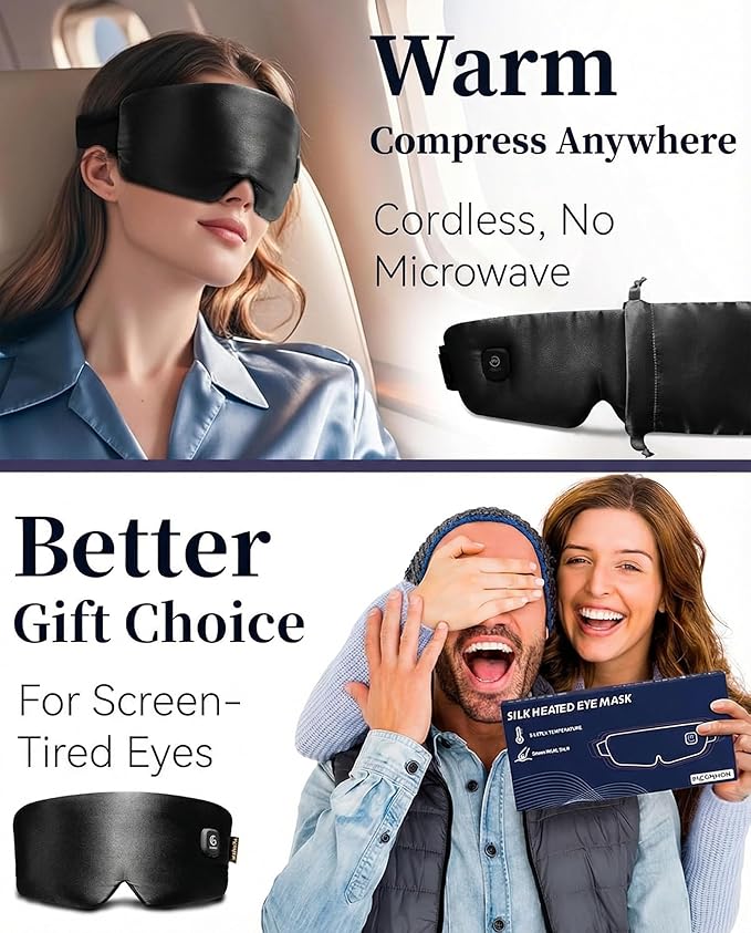 Heated Eye Mask for Dry Eyes - Silk Cordless Warm Eye Compress Moist Heat, Eye Heating Pad for Stye Treatment, Tired Eyes, Sleep, Travel, Washable, Rechargeable, Black