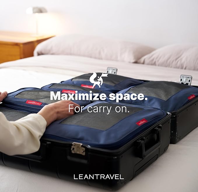 LeanTravel Premium Compression Packing Cubes for Travel - Suitcase Organizer Bags with Double Zipper & Breathable Mesh Panel - Space Saving Carry On Luggage Essentials (3-Pack, Navy Blue)
