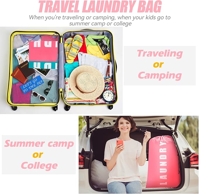 Laundry Bag,2 Pack Travel Laundry Bags for Dirty Clothes,Large Laundry Bags for Camping & Traveling,Dirty Clothes Travel Bag,24" x 36" (Cyan + Pink)
