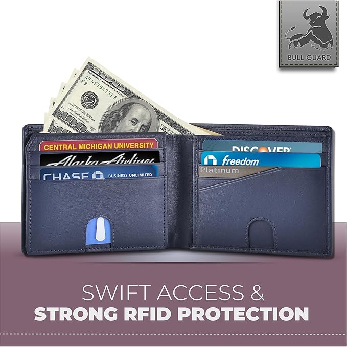 Mens RFID Blocking Bifold Wallet Napa Top Grain Leather, Secure and Durable Extra Capacity Billfold with 11 Credit Cards & Flip Up ID in Storm Cloud Blue with Tight Stitching, Quick Thumb Push Access