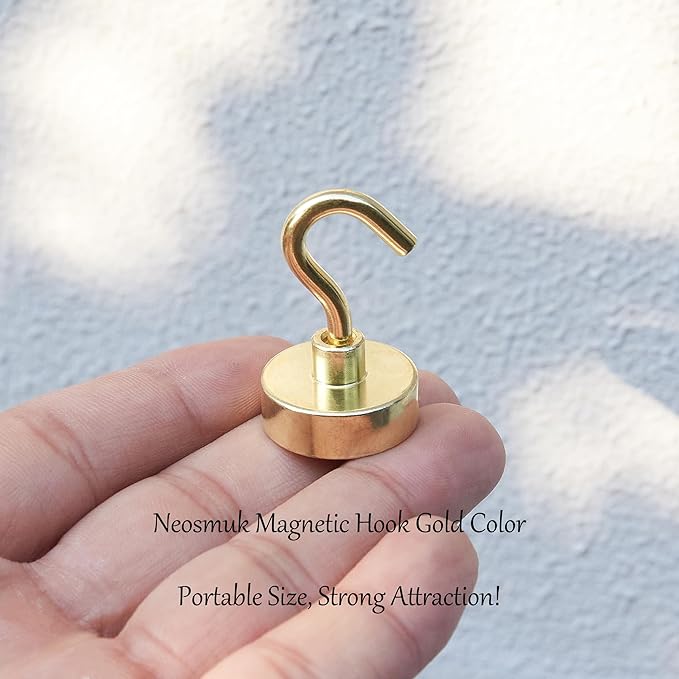 Neosmuk Magnetic Hooks,Heavy Duty Earth Magnets with Hook for Refrigerator, Extra Strong Cruise Hook for Hanging, Magnetic Hanger for Cabins, Grill (Gold, 6 Pack)