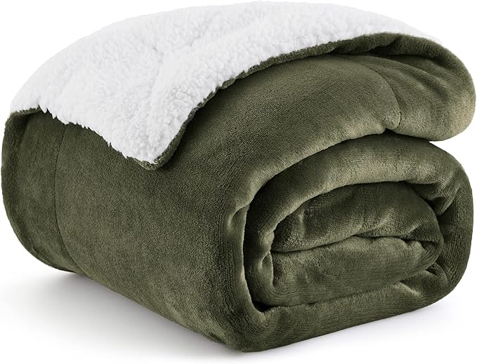 Bedsure GentleSoft Sherpa Fleece Twin Size Blanket for Couch, Non-Heated, Thick and Warm Throw for Women and Men, Soft Fuzzy Plush Twin Blanket for Winter, Olive Green, 60x80 Inches