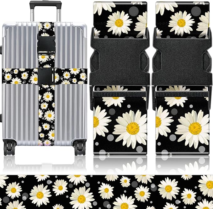 Slohif Luggage Straps for Suitcases Travel Belt Accessories Luggage Connector Identifiers 2 Pack Over Handle with Buckle Unique Nylon Adjustable Strap for Sleeping Bag Car Seat Daisy