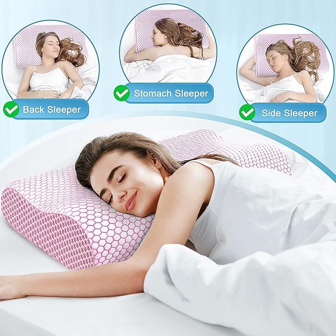 CloudBliss Memory Foam Pillow, Ergonomic Neck Contour Cervical Pillow for Back and Shoulder Pain, Orthopedic Pillow for Neck Pain Relief, for Sleeping Side, Back, Stomach Sleepers - Pink, King