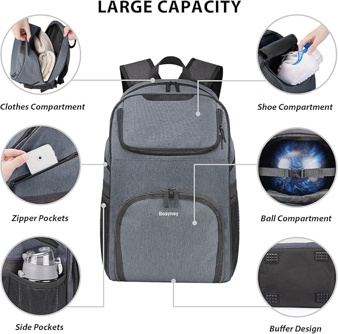 Bosynoy Bowling Backpack, Bowling Ball Bag Totes for Single Ball with Shoe Compartment & Foam Padded, Fits Shoes Up to US Mens Size 16, Grey