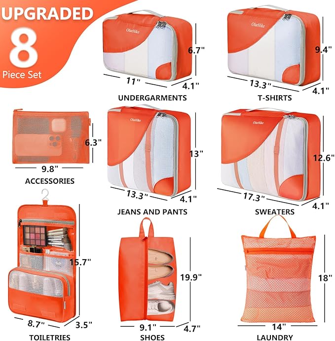 8 Set Packing Cubes for Travel, Gifts for Women Mom,Anti-Tearing Suitcase Organizer for Luggage with Shoe & Hanging Toiletry Bag,OlarHike Vacation Essentials & Accessories for Cruise Ship
