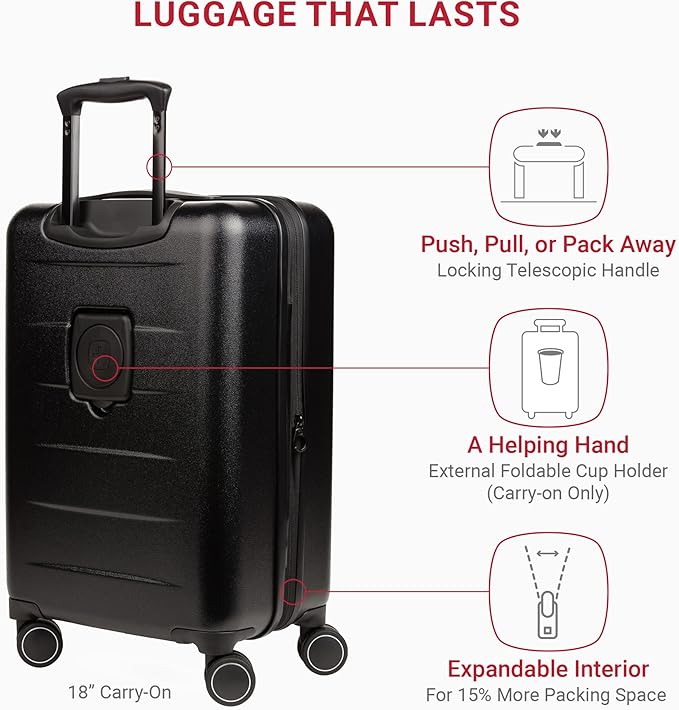 SwissGear 8020 Eclipse Hardside Expandable Luggage with Spinner Wheels, Black, 3-Piece Set (18/24/27)
