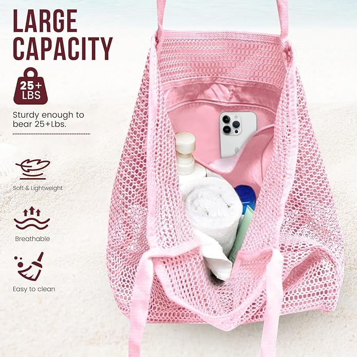 Beach Bags for Women, Summer Travel Mesh Tote Bag with Large Inner Pocket, Sandproof Woven Shoulder Handbag