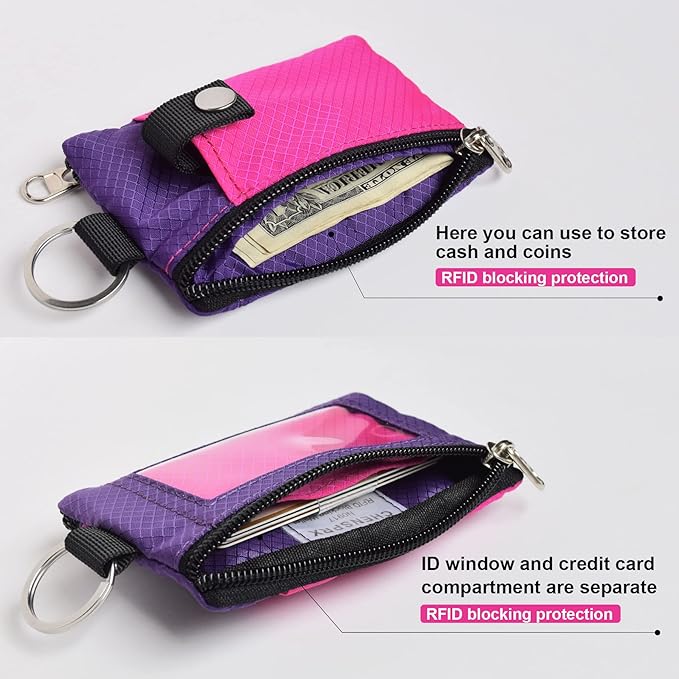 CHENSPRX Minimalist RFID Blocking Small Wallet with ID Window,WaterResistant Zip Id Case Wallet with Lanyard Keychain for Cards,Cash,Travel,Women,Men