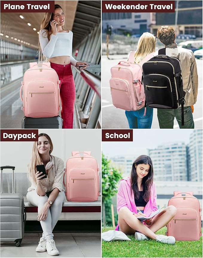 LOVEVOOK Travel Backpack for Women & Men 40L,Airline Approved Carry On Backpack Travel Essentials,TSA Carry on Luggage,Waterproof Personal Item Travel Bag,Suitcase with 3 Packing Cubes,Pink-Pink
