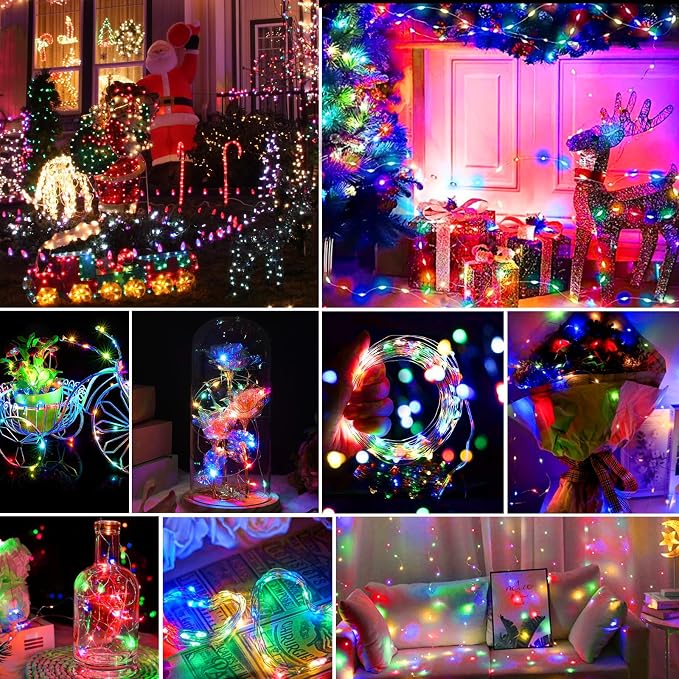 12 Pack Multicolor LED Fairy Lights with Vibrant Red Beads, Battery Operated String Lights, 7 ft 20 LED Waterproof Firefly Lights on Silver Wire for Home Party Wedding Christmas Decorations