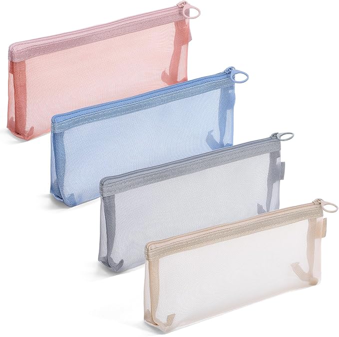 4 PCS Mesh Makeup Brush Bag, 4 Colors Small Makeup Pouch Portable Nylon Mesh Zipper Pouch Bags Multifunctional Clear Bags Stationery Storage Bag for Travel Office Home Accessories