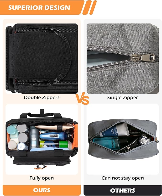 Tactical Travel Toiletry Bag for Men, Extra Large Dopp Kit Organizer with Dual Way Zippers, Travel Hygiene Bag for Shaving Grooming Bathroom Essentials, Black (Empty Bag)