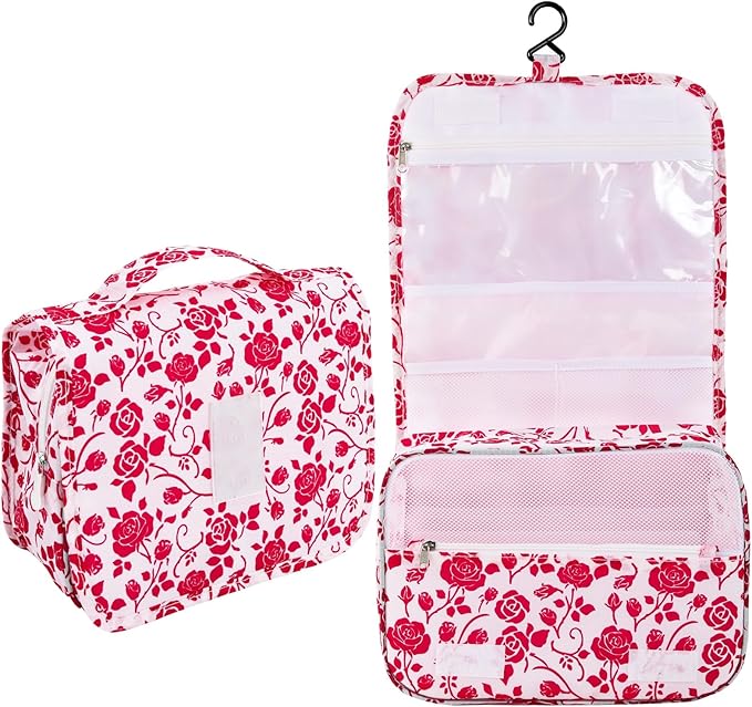 Pengxiaomei Hanging Toiletry Bag, Red Roses Waterproof Cosmetic Bag Portable Makeup Pouch Travel Wash Bag with Handle for Kids Teen Girls Spring Party Mothers Day Gifts