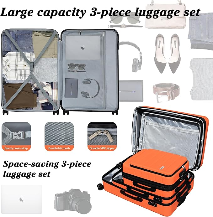 SmileLine 3-Piece Luggage Set Lightweight Hardside Suitcase TSA Lock Spinner Wheels, 20" Expandable Carry-On Luggage with Quick Access Front Open Pocket, Bonus Makeup Bag,Orange