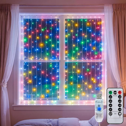 Curtain String Lights Indoor, 200LED 6.6 * 6.6FT USB Plug-in Window Curtain Lights with Timer and 8 Modes, Waterproof Multicolor Curtain Fairy Lights for Bedroom Room Wedding Outdoor Decor