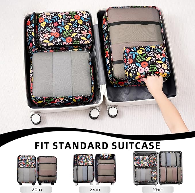 BAGAIL 8 Set Packing Cubes Luggage Packing Organizers for Travel Accessories-Black Floral