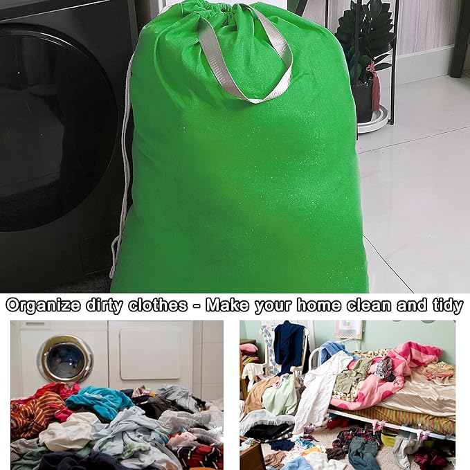 Heavy Duty Laundry Bag with Drawstring and Handle, Extra Large Travel Dirty Clothes Bag for Laundromat and Household, Durable Rip-Stop Laundry Hamper Liner, 28 x 40 Inch by SANFERGE, Kelly Green