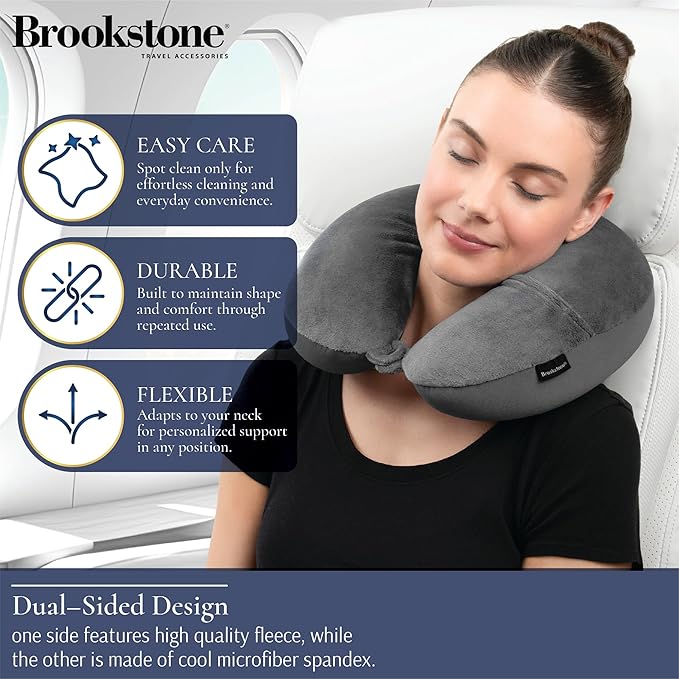 Brookstone Microbead Travel Head and Neck Pillow Lightweight and Plush with Phone or Headphone Pocket, Dark Grey