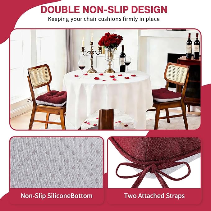 BETU Chair Cushions for Dining Chairs Set of 6,3.5" Thick Kitchen Table Chair Pads with Ties,Non Slip Backing and Covers, Christmas Decor Seat Cushion for Dining Room,Bar,Patio Chairs,16"X16"X3.5",Red
